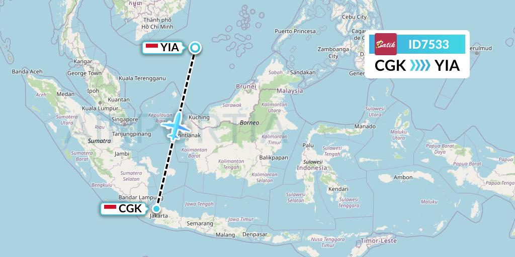 ID7533 Batik Air Flight Map: Jakarta to Yogyakarta