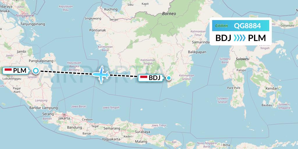 QG8884 Citilink Flight Map: Banjarmasin to Palembang