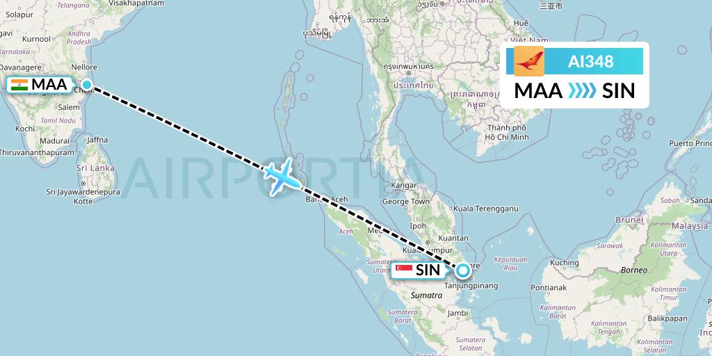 AI348 Air India Flight Map: Chennai to Singapore
