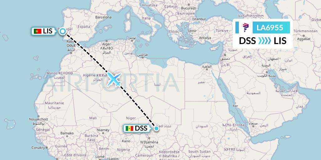 LA6955 LAN Airlines Flight Map: Dakar to Lisbon