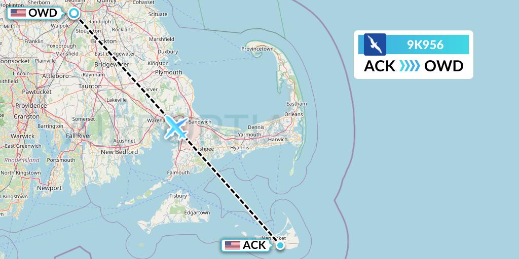 9K956 Cape Air Flight Map: Nantucket to Norwood