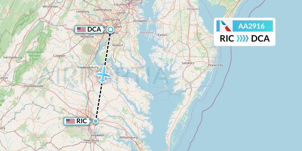 AA2916 American Airlines Flight Map: Richmond to Washington