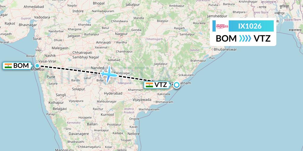 IX1026 Air India Express Flight Map: Mumbai to Visakhapatnam