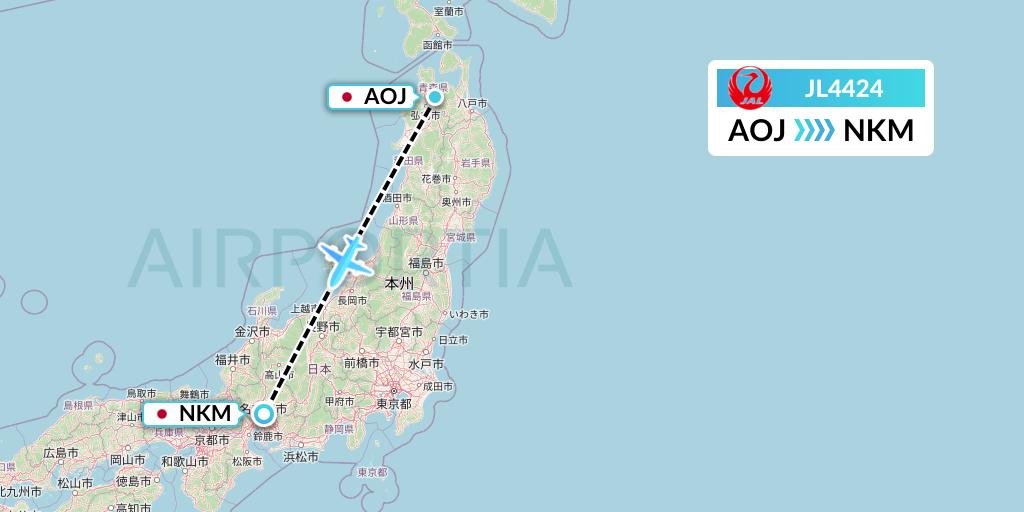 JL4424 Japan Airlines Flight Map: Aomori to Nagoya