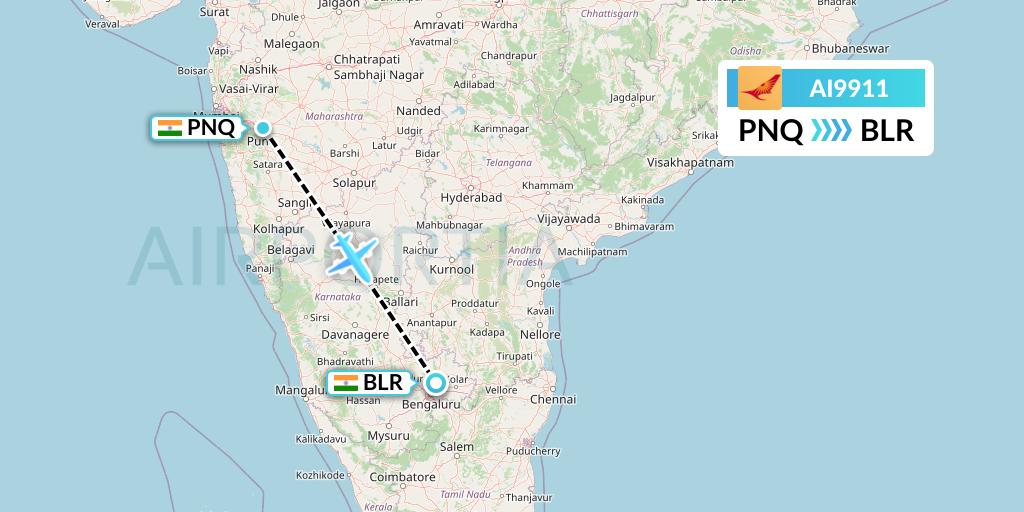 AI9911 Air India Flight Map: Pune to Bangalore