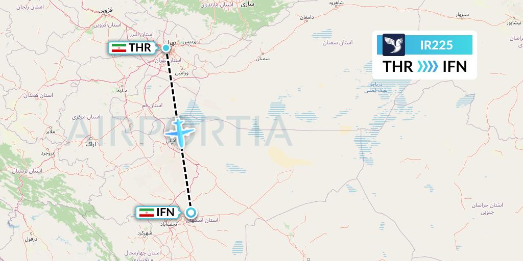 IR225 Iran Air Flight Map: Tehran to Isfahan