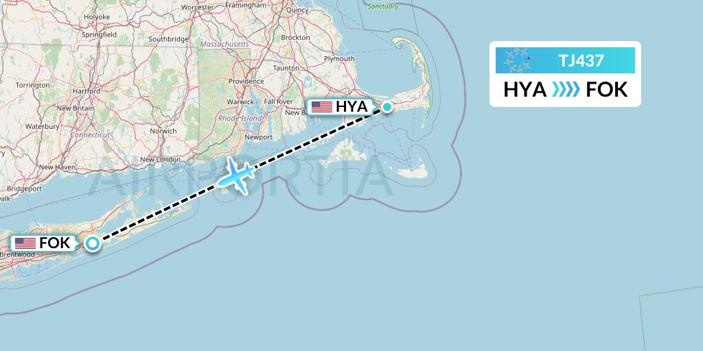 TJ437 Tradewind Aviation Flight Map: Hyannis to Westhampton Beach