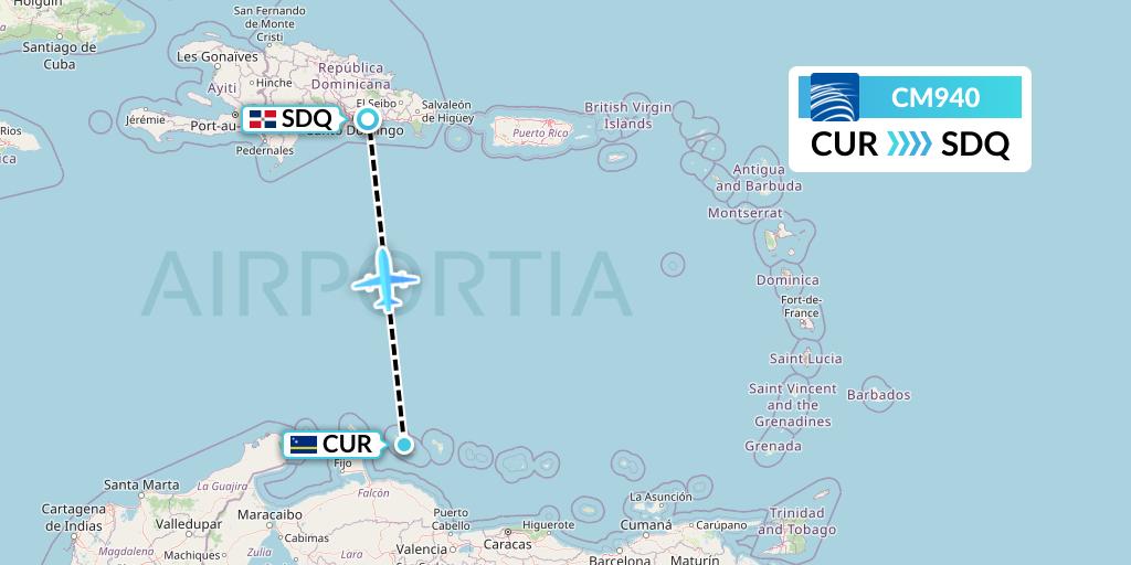 CM940 Copa Airlines Flight Map: Willemstad to Santo Domingo
