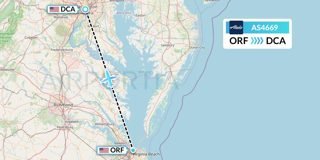 AS4669 Alaska Airlines Flight Map: Norfolk to Washington