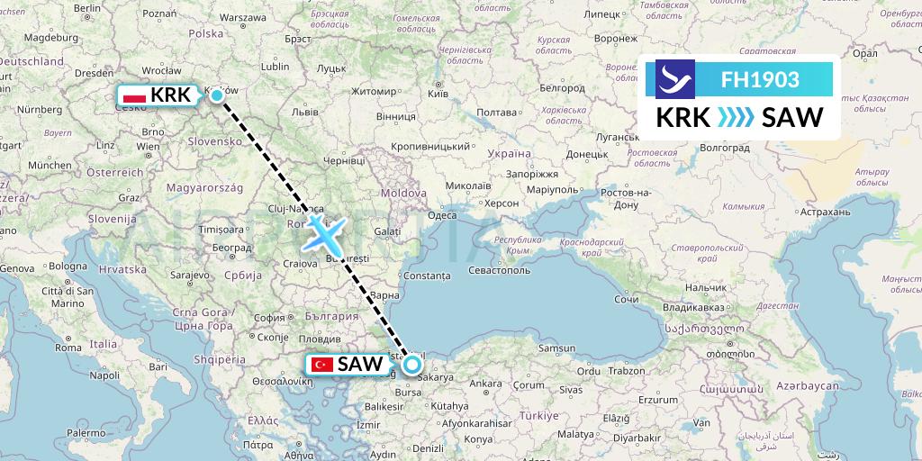 FH1903 Freebird Airlines Flight Map: Krakow to Istanbul