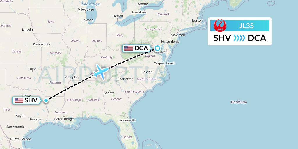 JL35 Japan Airlines Flight Map: Shreveport to Washington