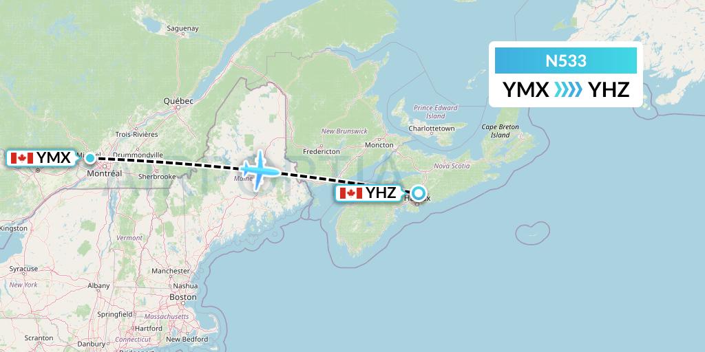 N533 Nolinor Aviation Flight Map: Montreal to Halifax