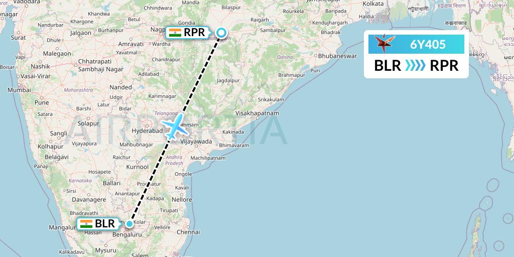 6Y405 SmartLynx Flight Map: Bangalore to Raipur