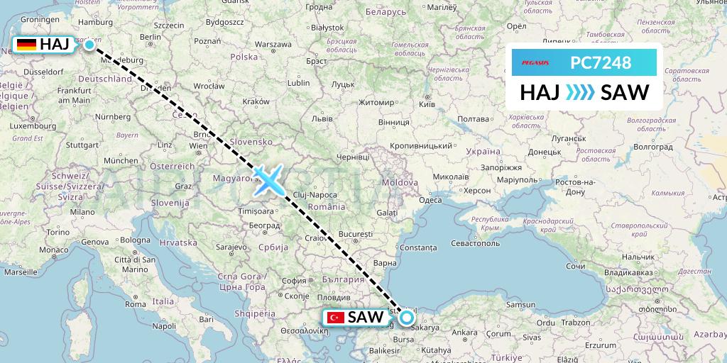 PC7248 Pegasus Airlines Flight Map: Hannover to Istanbul