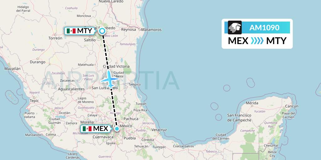 AM1090 Aeromexico Flight Map: Mexico City to Monterrey