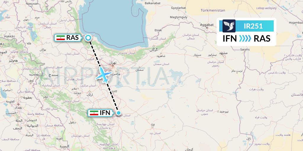 IR251 Iran Air Flight Map: Isfahan to Rasht