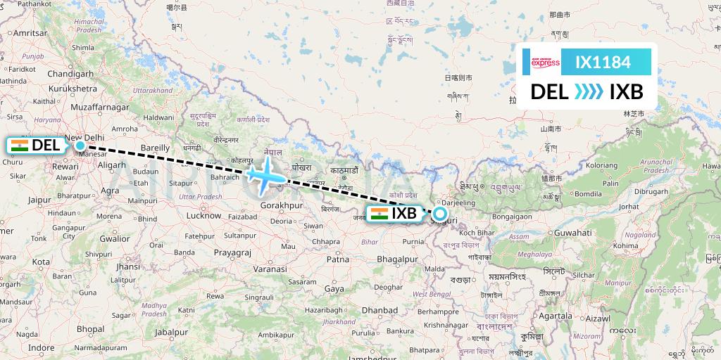 IX1184 Air India Express Flight Map: Delhi to Siliguri