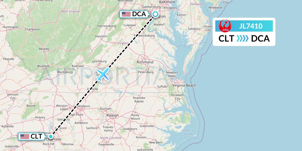 JL7410 Japan Airlines Flight Map: Charlotte to Washington
