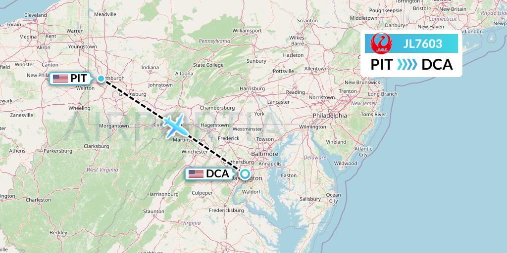 JL7603 Japan Airlines Flight Map: Pittsburgh to Washington