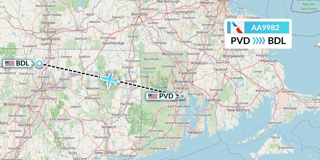 AA9982 American Airlines Flight Map: Providence to Windsor Locks
