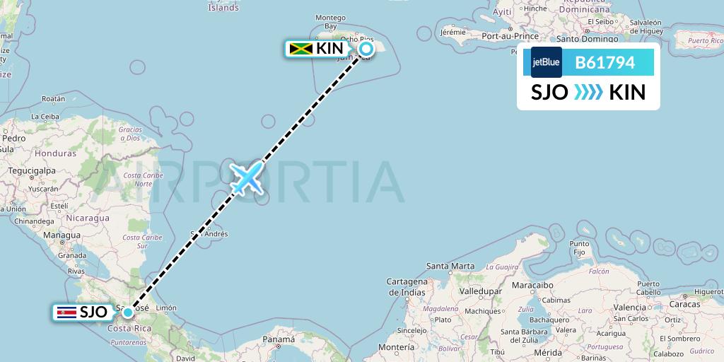 B61794 JetBlue Airways Flight Map: San Jose to Kingston