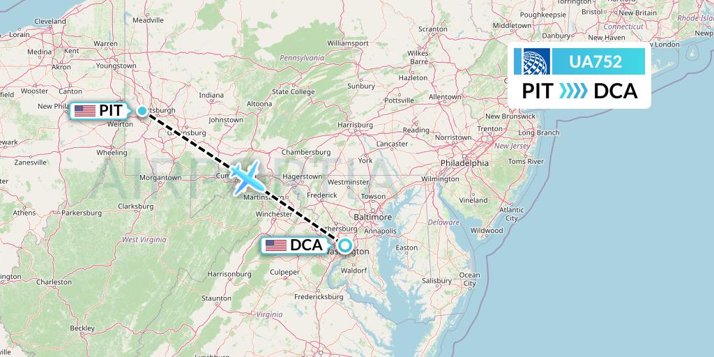 UA752 United Airlines Flight Map: Pittsburgh to Washington