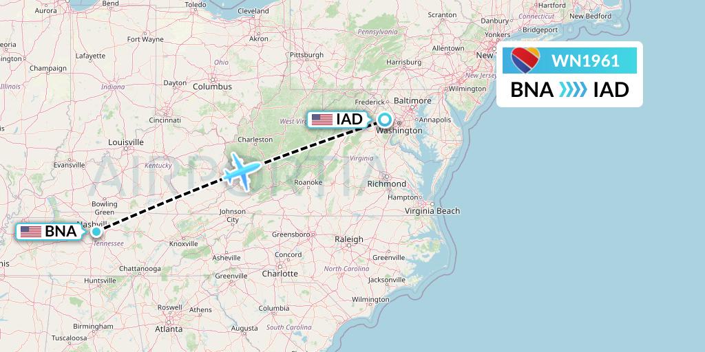 WN1961 Southwest Airlines Flight Map: Nashville to Washington