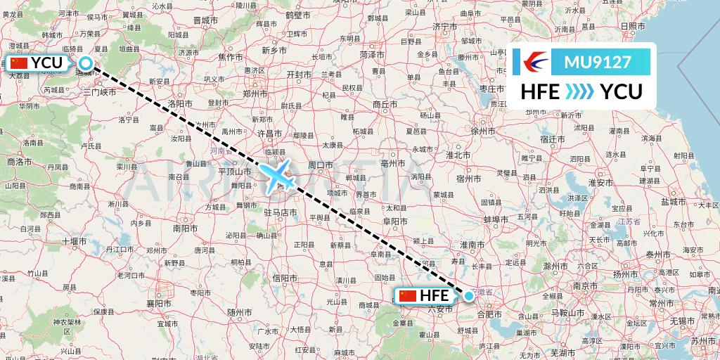 MU9127 China Eastern Airlines Flight Map: Hefei to Yuncheng