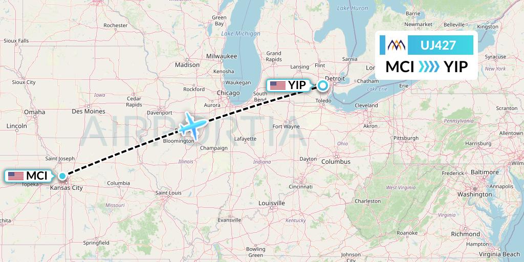 UJ427 AlMasria Universal Airlines Flight Map: Kansas City to Detroit