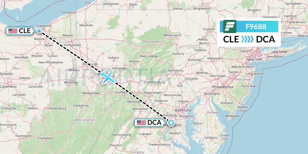 F9688 Frontier Airlines Flight Map: Cleveland to Washington