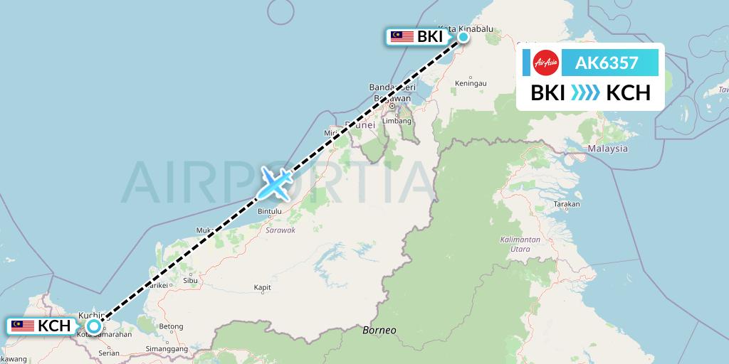 AK6357 AirAsia Flight Map: Kota Kinabalu to Kuching