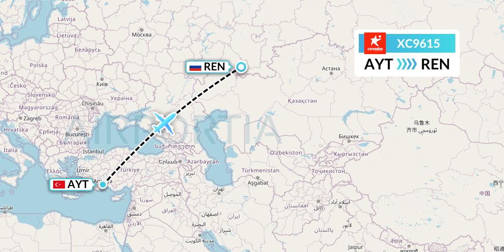 XC9615 Corendon Airlines Flight Map: Antalya to Orenburg
