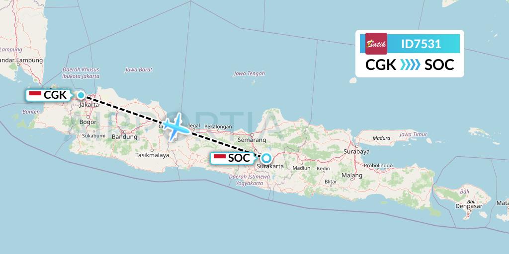 ID7531 Batik Air Flight Map: Jakarta to Surakarta