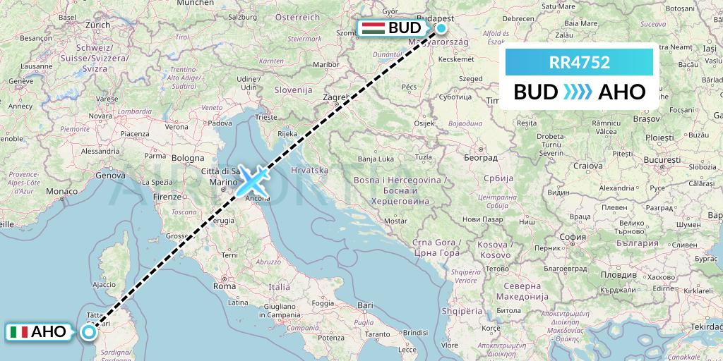 RR4752 Royal Air Force Flight Map: Budapest to Alghero