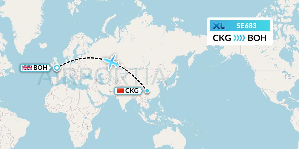 SE683 XL Airways France Flight Map: Chongqing to Bournemouth