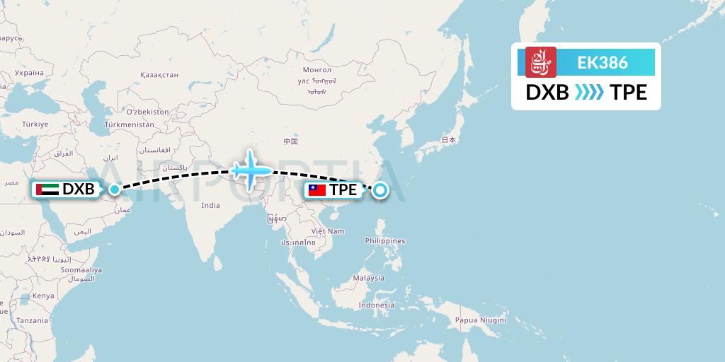 EK386 Emirates Flight Map: Dubai to Taipei