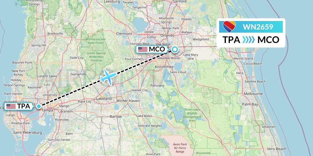 WN2659 Southwest Airlines Flight Map: Tampa to Orlando