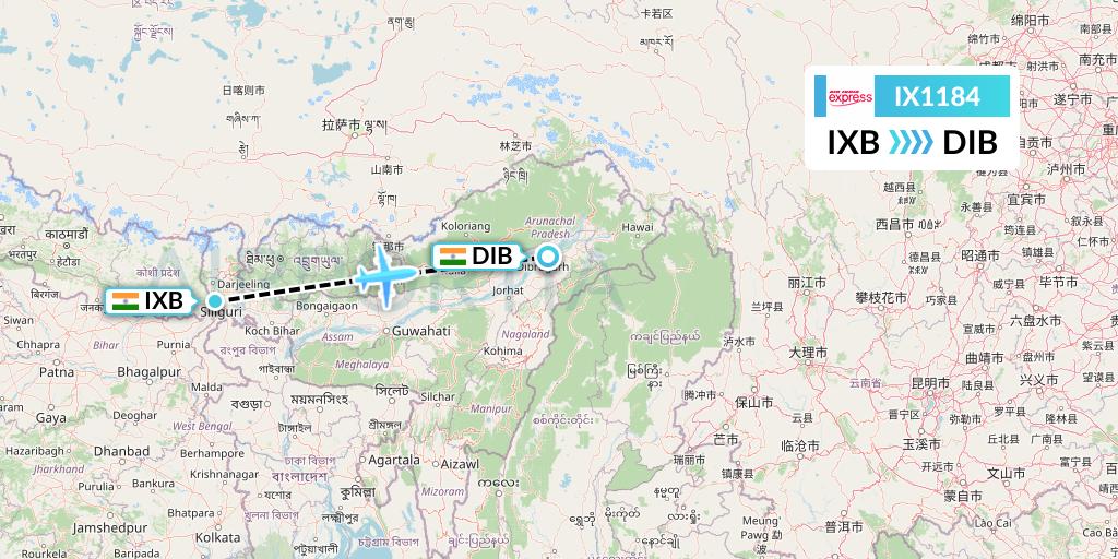 IX1184 Air India Express Flight Map: Siliguri to Dibrugarh