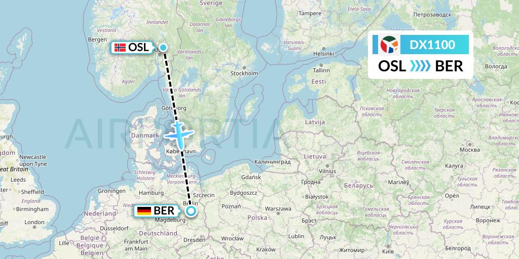 DX1100 Danish Air Transport Flight Map: Oslo to Berlin