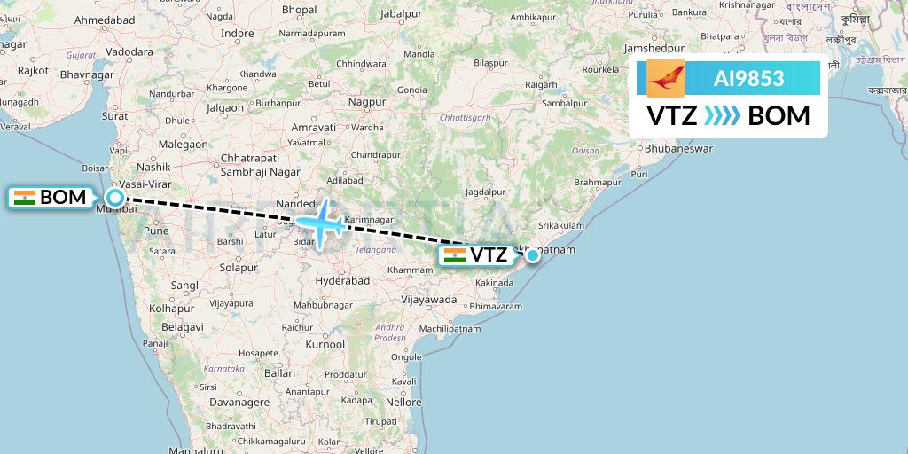 AI9853 Air India Flight Map: Visakhapatnam to Mumbai