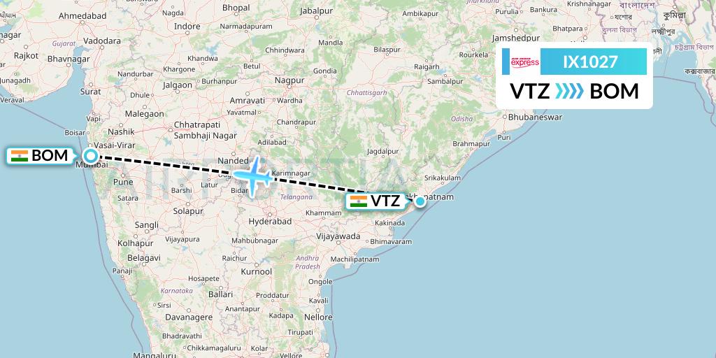IX1027 Air India Express Flight Map: Visakhapatnam to Mumbai