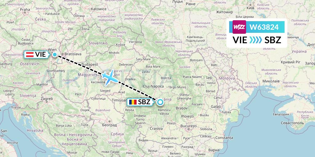 W63824 Wizz Air Flight Map: Vienna to Sibiu