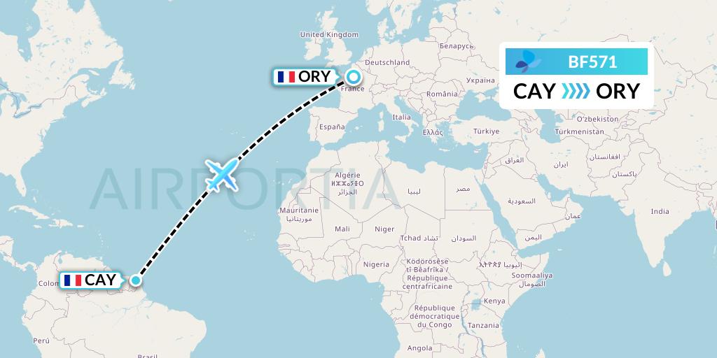 BF571 French Blue Flight Map: Cayenne to Paris
