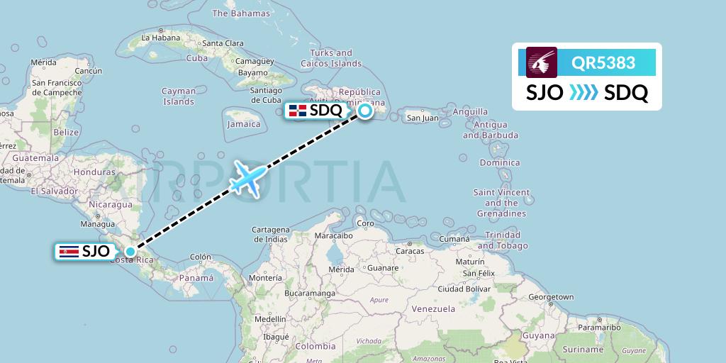 QR5383 Qatar Airways Flight Map: San Jose to Santo Domingo
