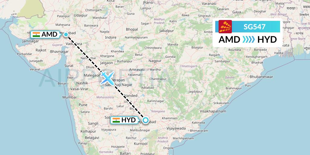 SG547 SpiceJet Flight Map: Ahmedabad to Hyderabad