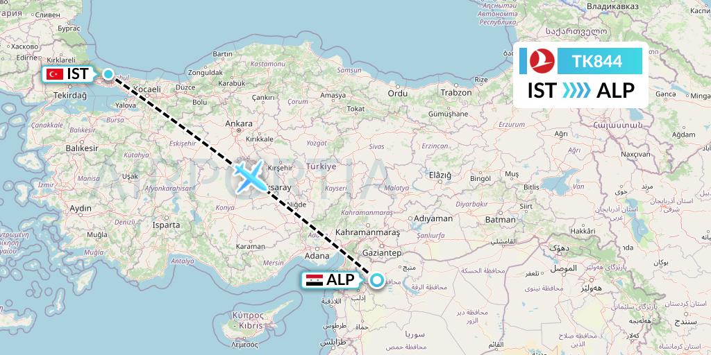 TK844 Turkish Airlines Flight Map: Istanbul to Aleppo