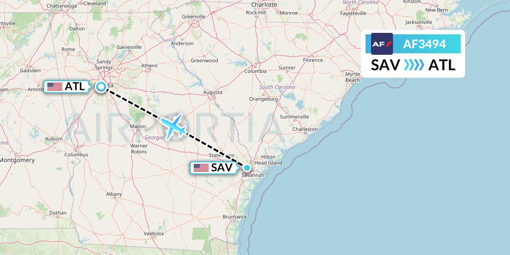 AF3494 Air France Flight Map: Savannah to Atlanta
