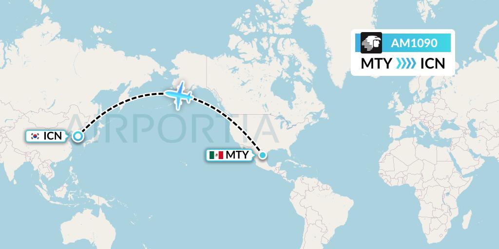 AM1090 Aeromexico Flight Map: Monterrey to Seoul