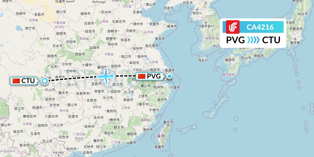 CA4216 Air China Flight Map: Shanghai to Chengdu