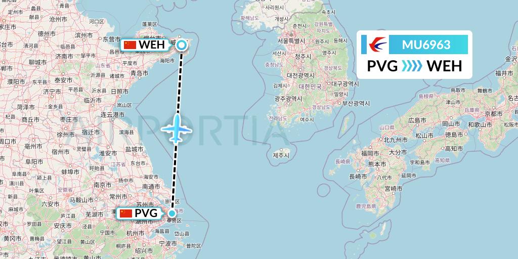 MU6963 China Eastern Airlines Flight Map: Shanghai to Weihai